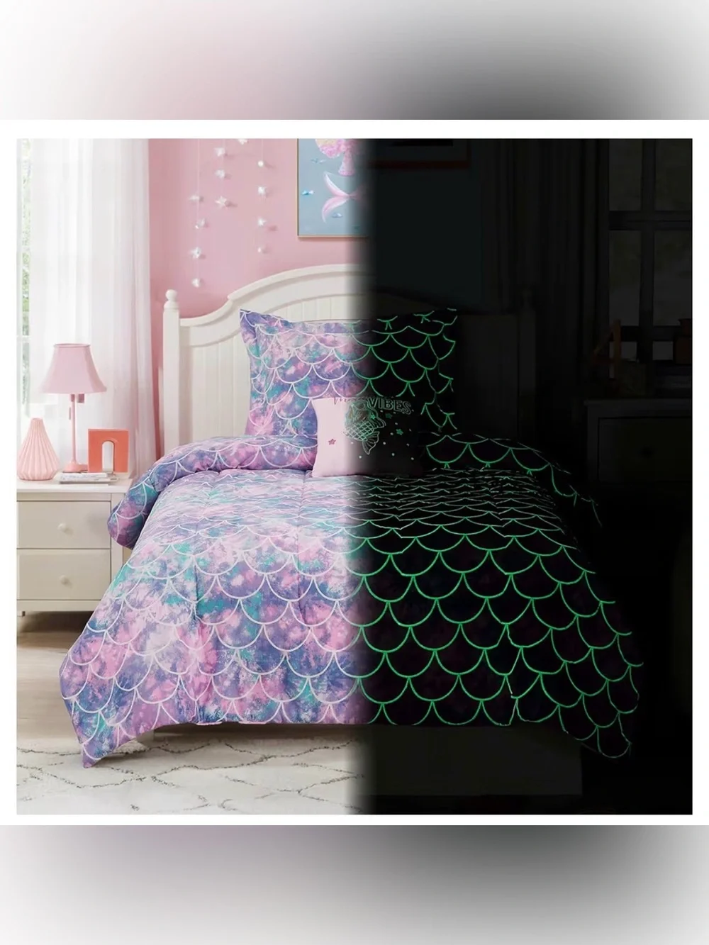 Twin Comforter Set for Girls-3 Pieces Mermaid Glow in the Dark Bedding Sets Twin